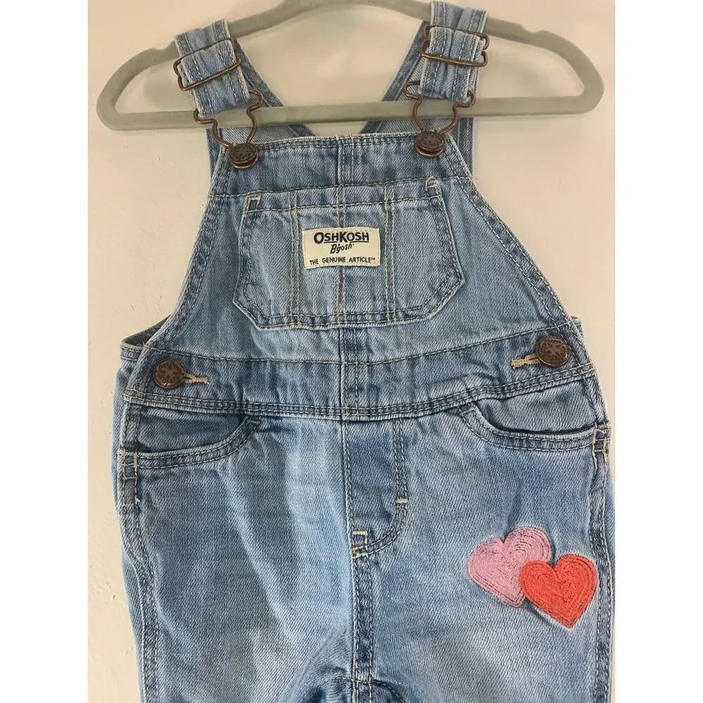 OSHKOSH B’GOSH Girl’s Heart Embroidered Jean Bib Overalls / Size: 6 Months